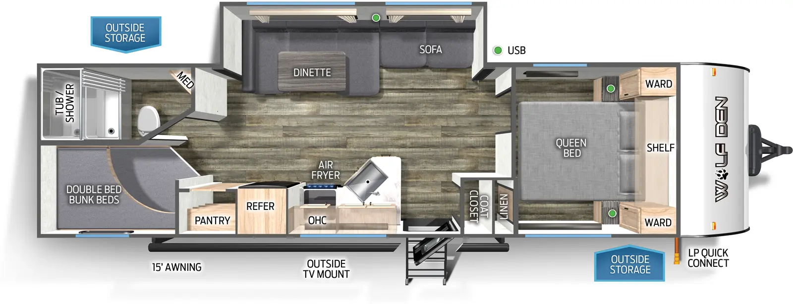 The 262DBH has one slideout and one entry. Exterior features LP quick connect, outside storage, outside TV mount, and 15 foot awning. Interior layout front to back: foot-facing queen bed with shelf above, wardrobes on each side, and linen closet; off-door side slideout with sofa and u-dinette; door side coat closet, entry, peninsula kitchen counter with sink that wraps to door side with overhead cabinet, air fryer, refrigerator, and pantry; rear off-door side full bathroom with medicine cabinet; rear door side double bed bunk beds.
